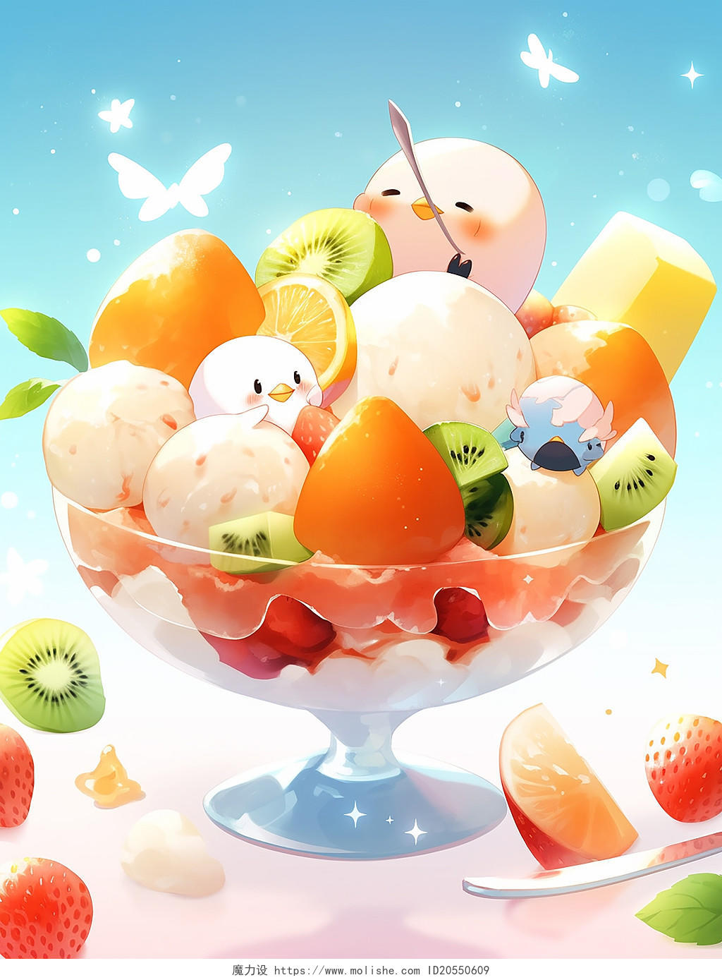 彩色夏天果汁牛奶水果冰淇淋甜点下午茶插画场景